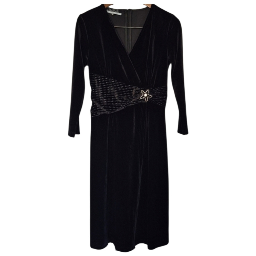 Dalia Macphee Starfish Faux Wrap Velvet Whimsical Cocktail Black Dress Medium